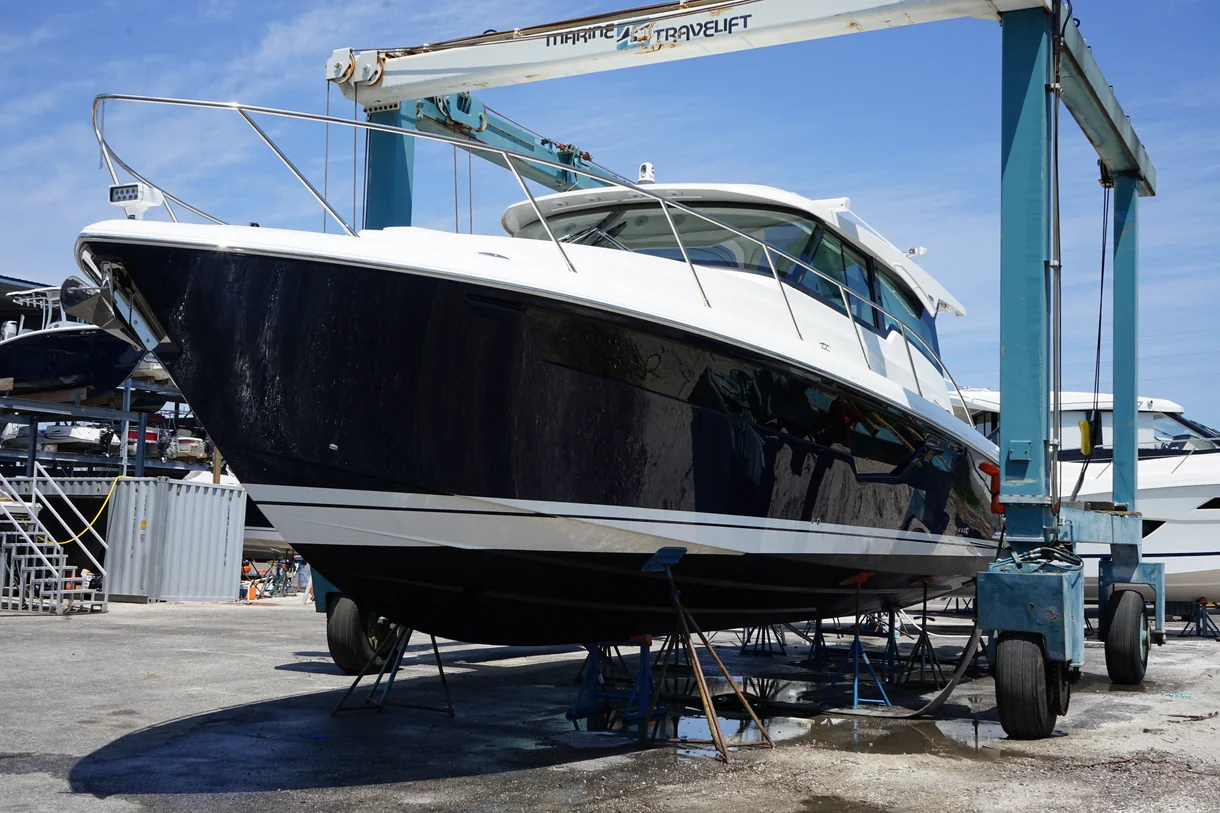 Yacht secured on a lift ahead of storm season